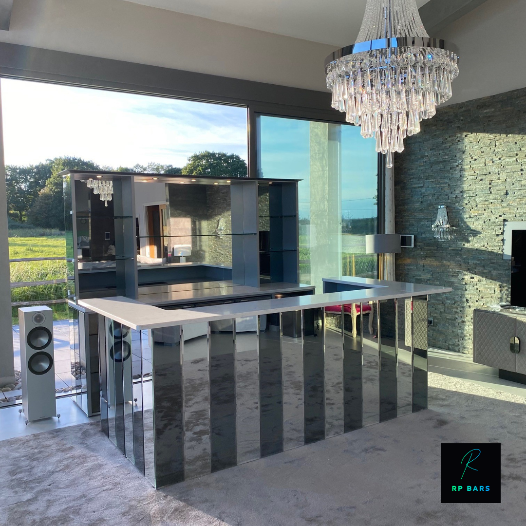 Magnum Grey & Silver - L-Shape Home Bar with White Vein Quartz Worktop