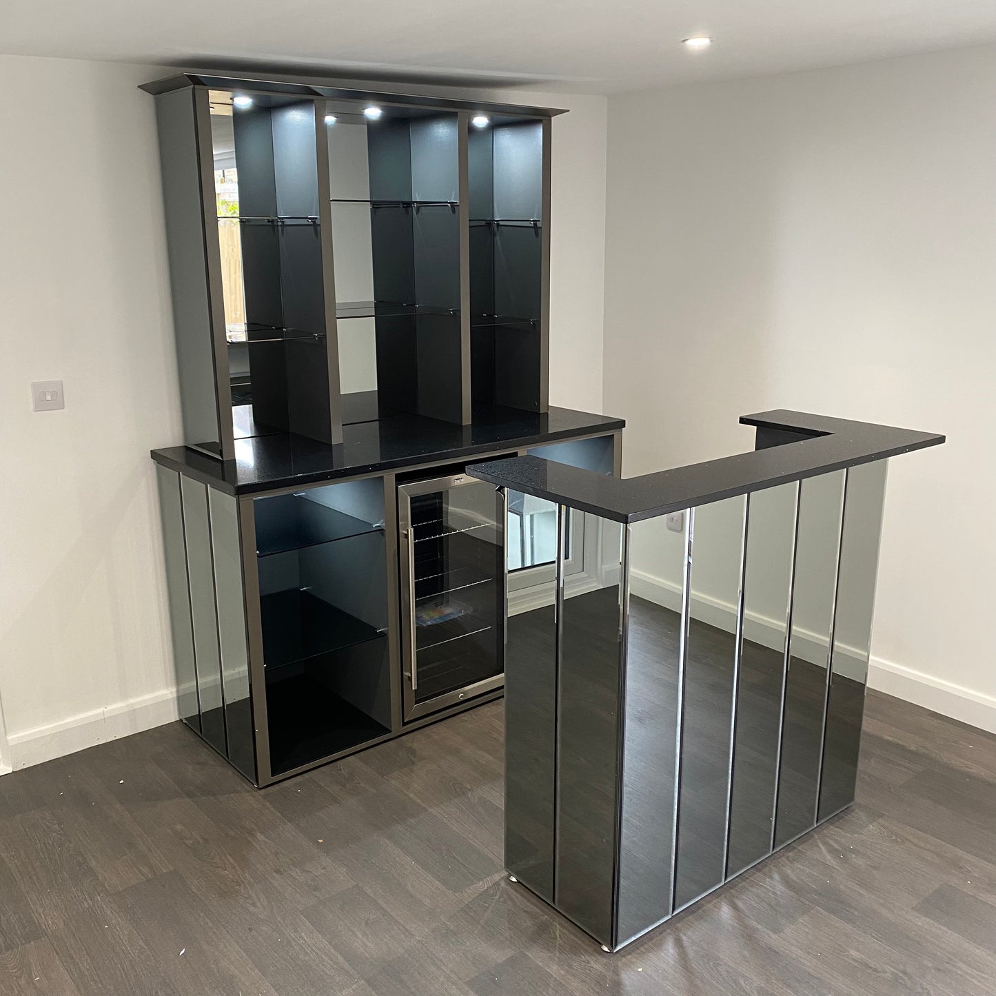 Neptune Grey Wall Bar - Smoke Mirror and Black Sparkle Quartz Worktop