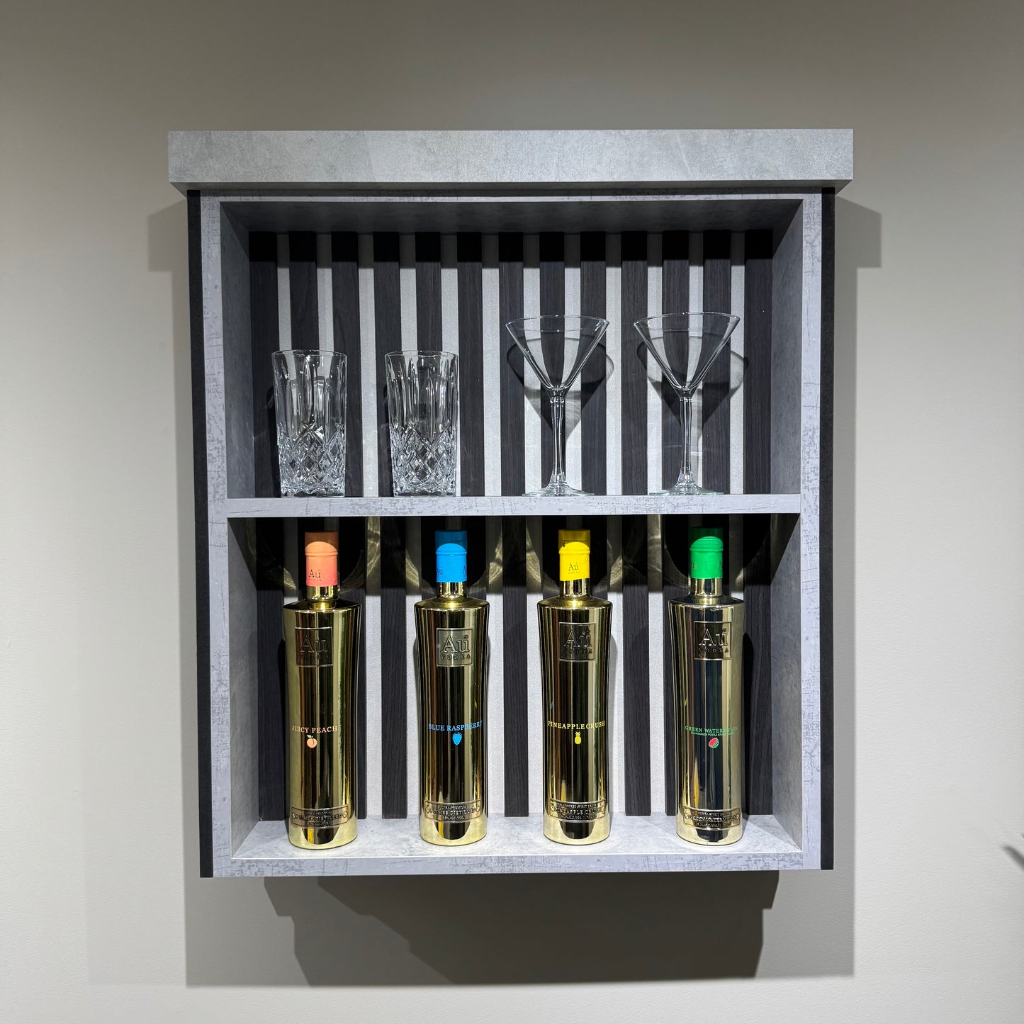 Studio Black & Grey Slat Home Bar with Grey Sparkle Quartz Worktop