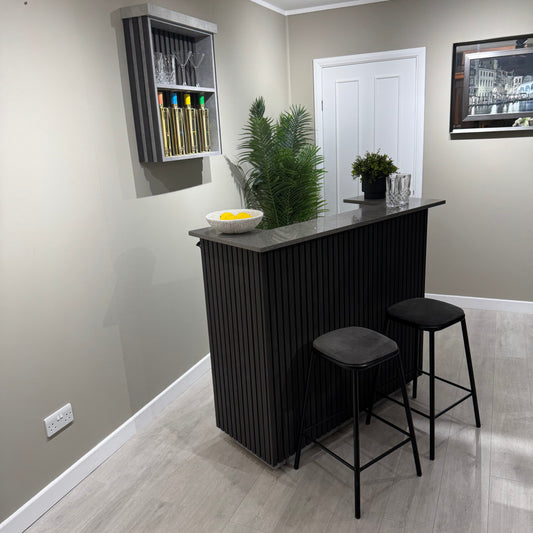 Studio Black & Grey Slat Home Bar with Grey Sparkle Quartz Worktop