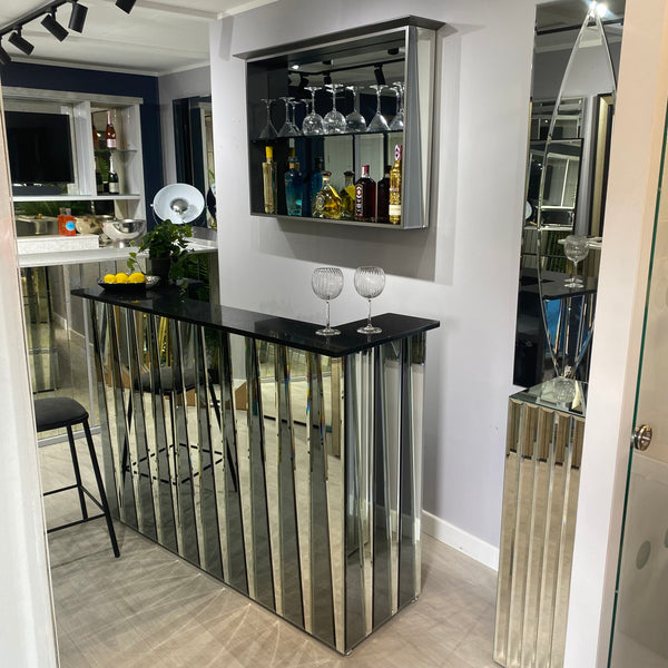 Shard - Grey & Silver Mirror with Black Sparkle Quartz Worktop Home Bar