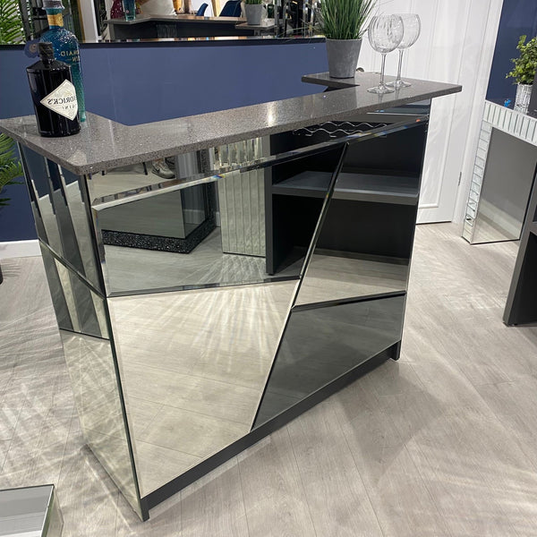 Ascot - Grey & Silver Abstract Mirror Design Home bar with Grey Sparkle Quartz Worktop