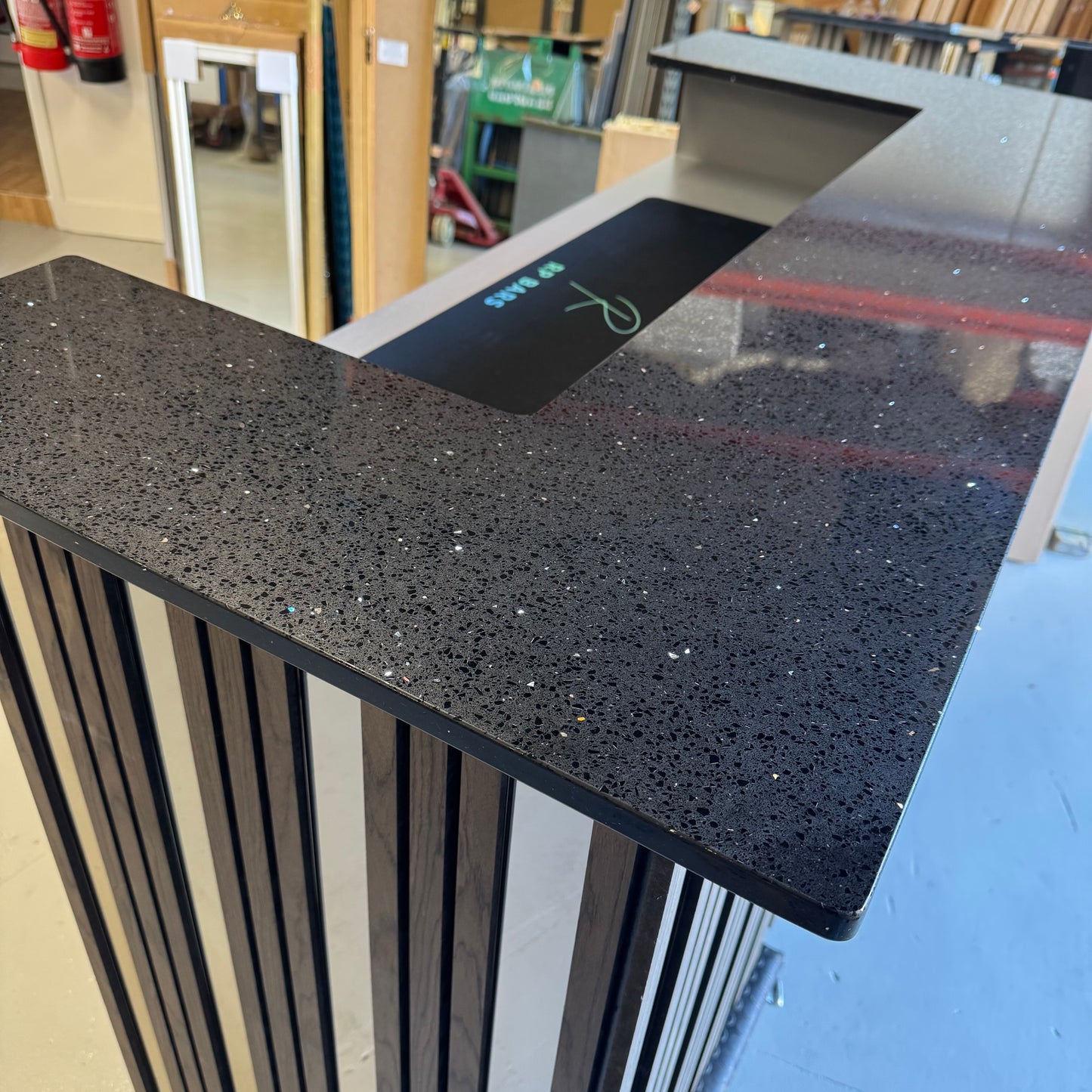 Strivio Smoke Walnut Slat with Bronze Mirror & Black Sparkle Quartz Worktop Home Bar - USED