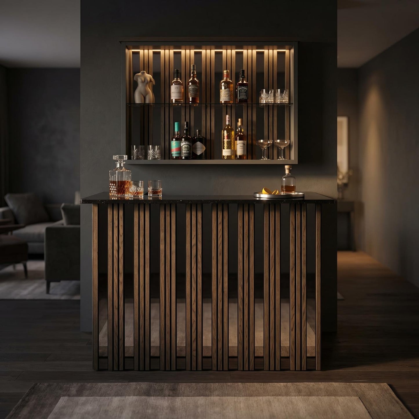 Strivio Smoke Walnut Slat with Bronze Mirror & Black Sparkle Quartz Worktop Home Bar