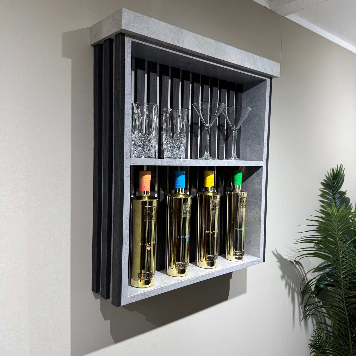 Studio Black & Grey Slat Home Bar with Grey Sparkle Quartz Worktop