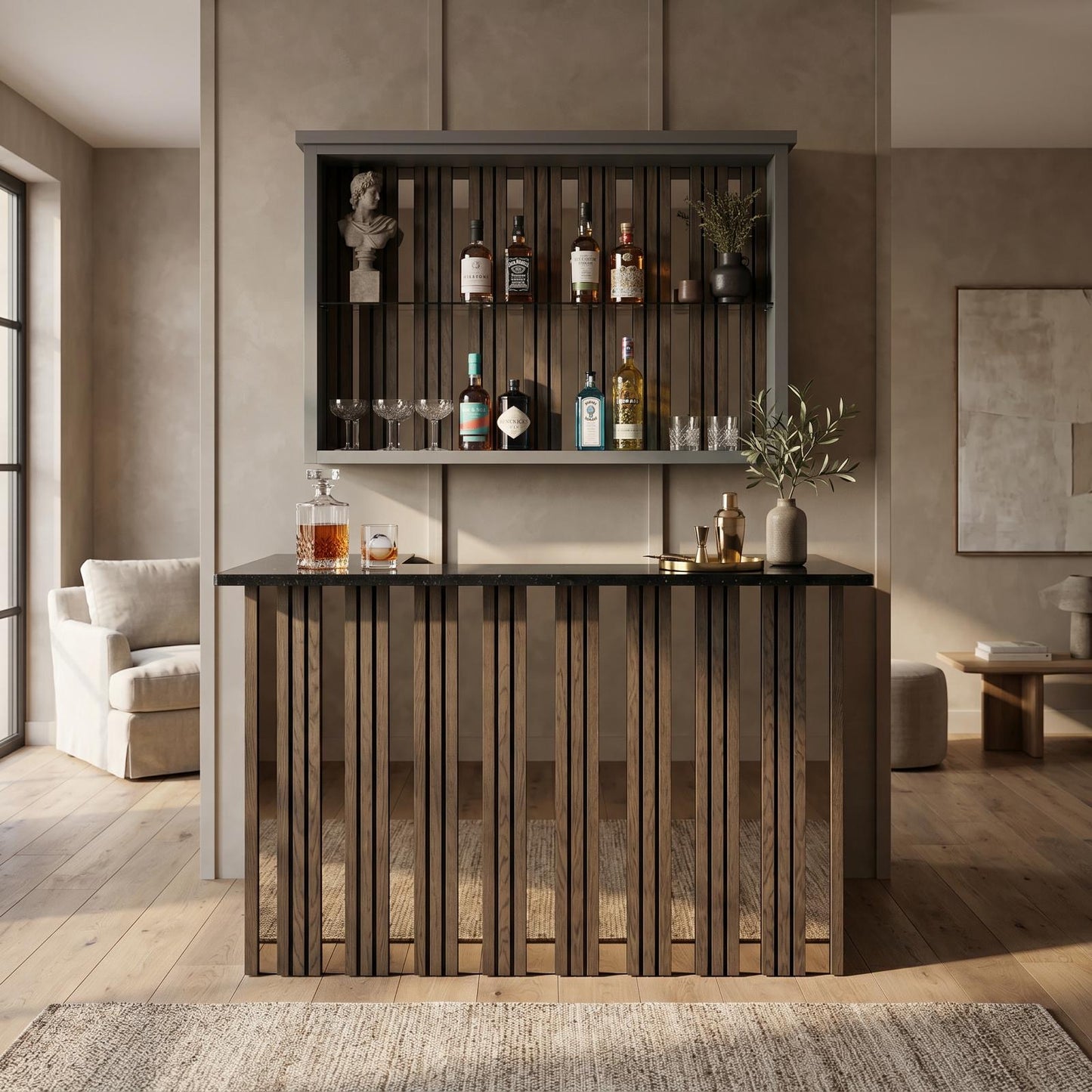 Strivio Smoke Walnut Slat with Bronze Mirror & Black Sparkle Quartz Worktop Home Bar