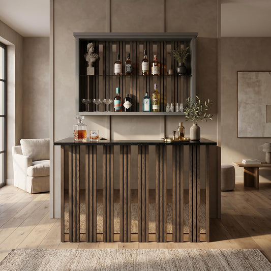 Strivio Smoke Walnut Slat with Bronze Mirror & Black Sparkle Quartz Worktop Home Bar - USED