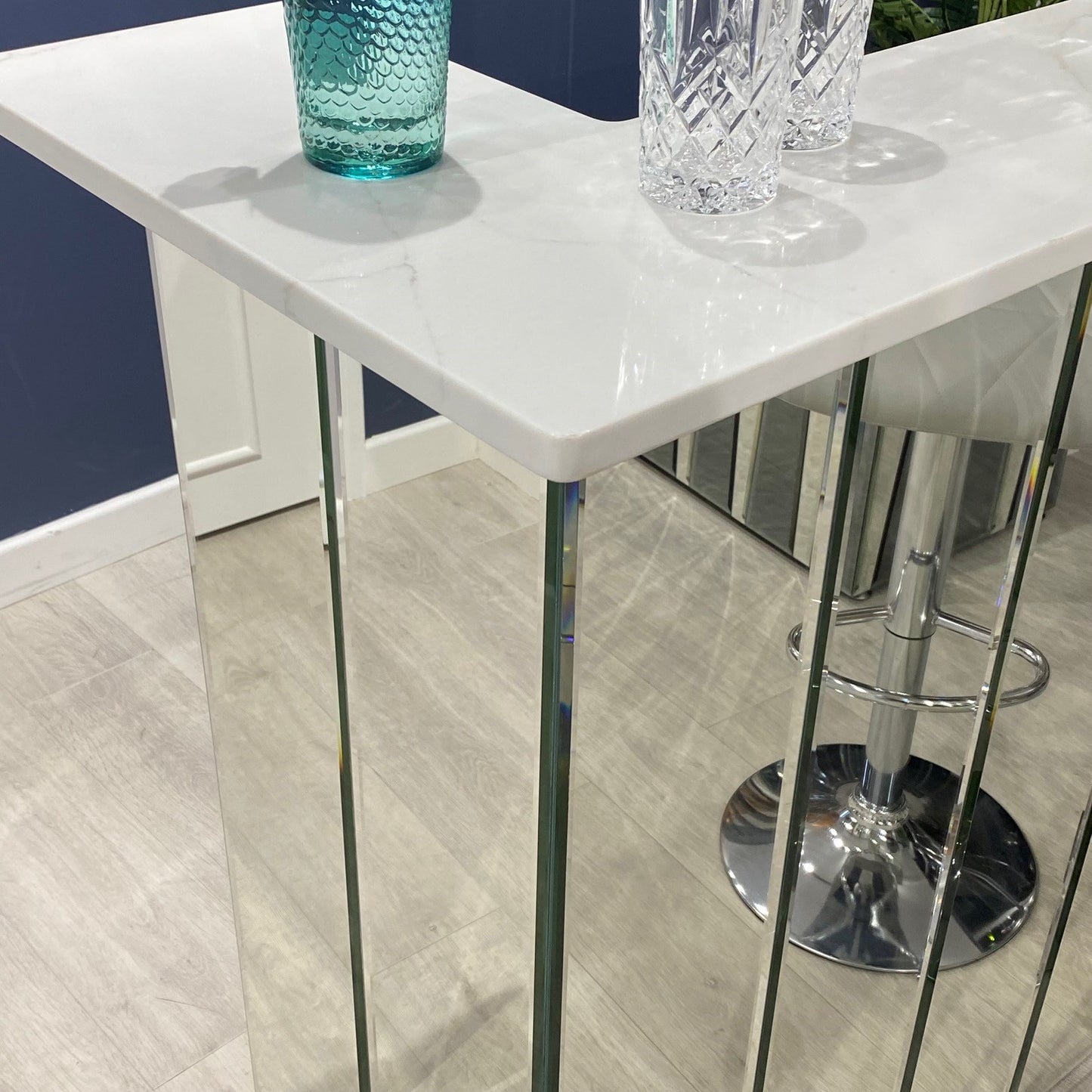 Neptune Silver - Mirrored Home Bar with White Calacatta Quartz Worktop