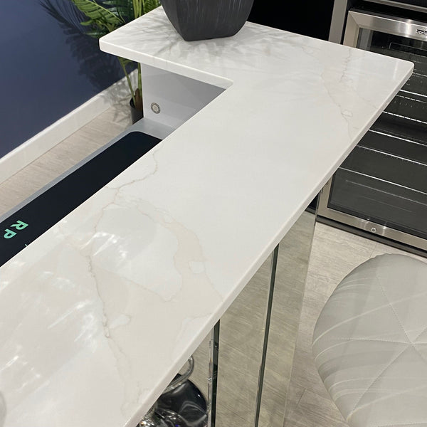 Neptune Silver Mirrored Home Bar with White Calacatta Quartz Worktop