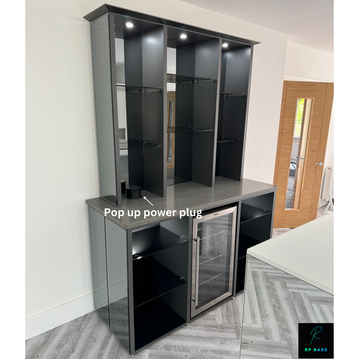 Neptune Grey Wall Bar - Smoke Mirror and Black Sparkle Quartz Worktop