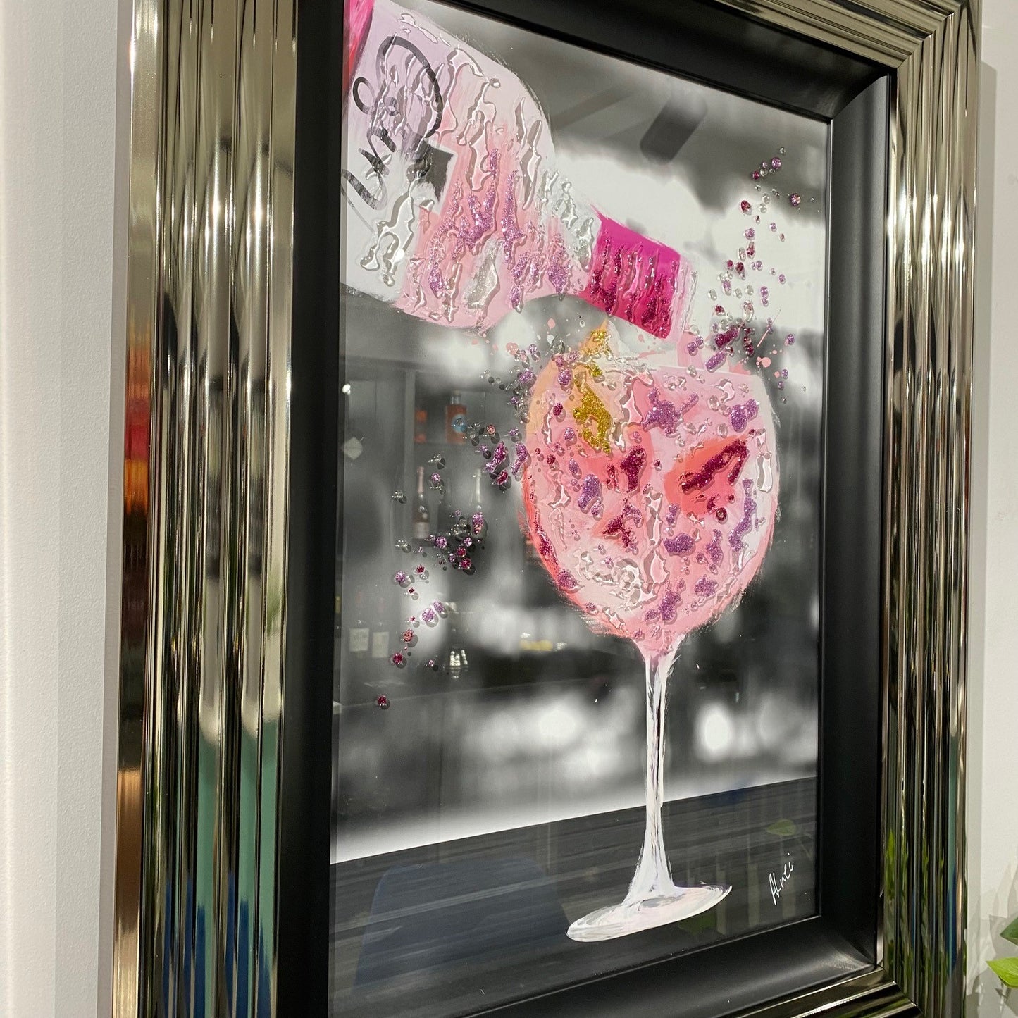 Pink Gin with Swarovski Crystals Liquid Art in Chrome Grey & Black Frame