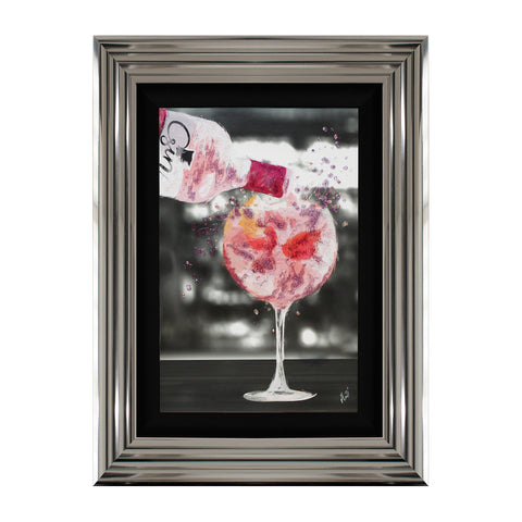 Pink Gin with Swarovski Crystals Liquid Art in Chrome Grey & Black Frame