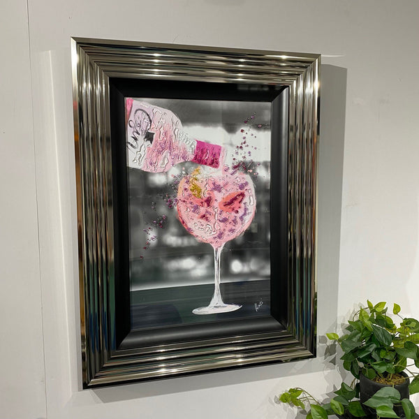 Pink Gin with Swarovski Crystals Liquid Art in Chrome Grey & Black Frame