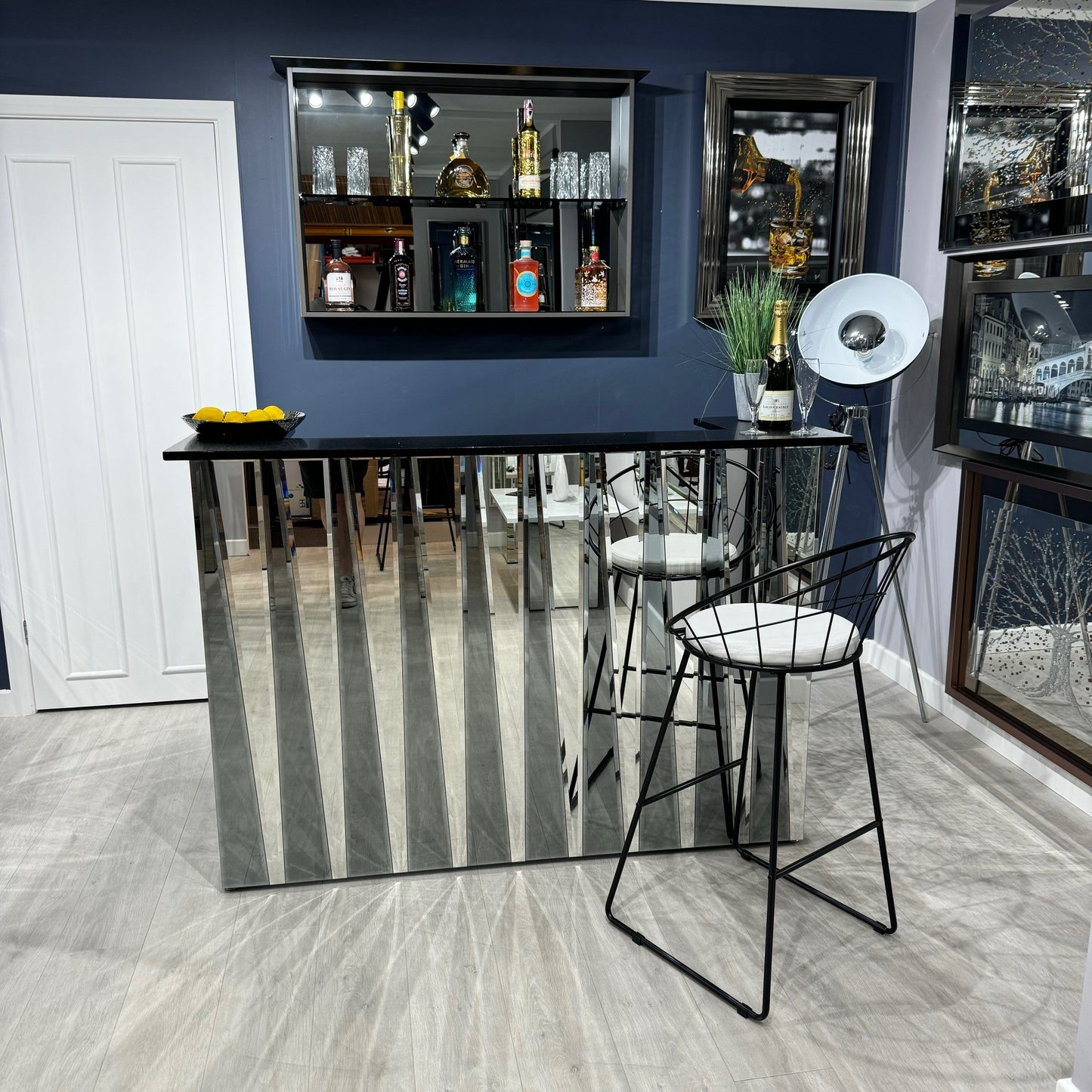 Shard Grey & Silver - Mirror with Black Sparkle Quartz Worktop Home Bar