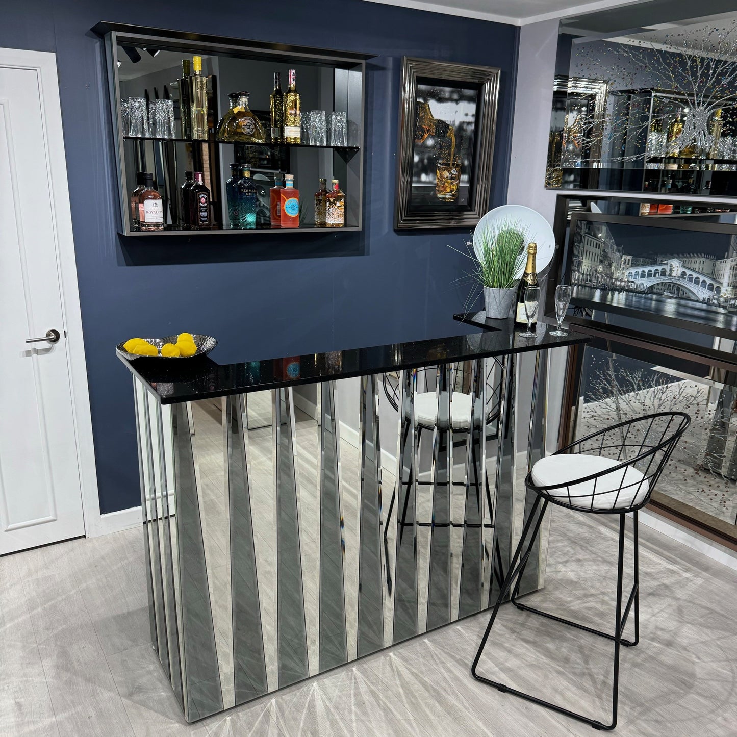 EX-DEMO Shard - Grey & Silver Mirror with Black Sparkle Quartz Worktop Home Bar