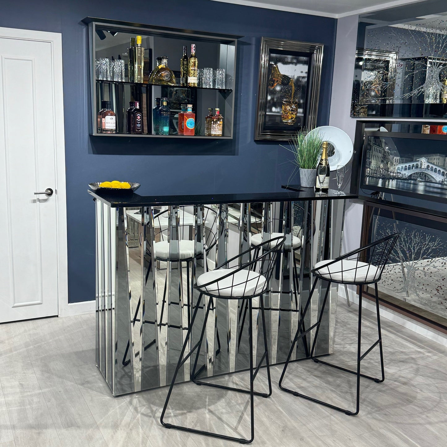 Shard Grey & Silver - Mirror with Black Sparkle Quartz Worktop Home Bar