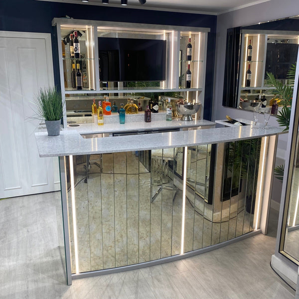 Ultimae Curved Home Bar with Antique Mirror & Light Veining Quartz Worktop