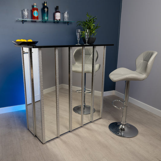 Striscia Silver - Mosaic Patterned Frame and Mirror with Black Mirror Quartz Worktop Home Bar