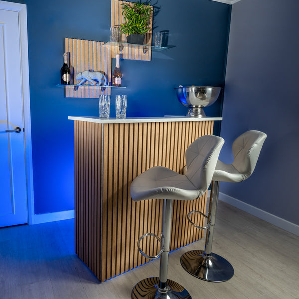 Studio - Oak Slat Panel Home Bar with White Calacatta Quartz Worktop