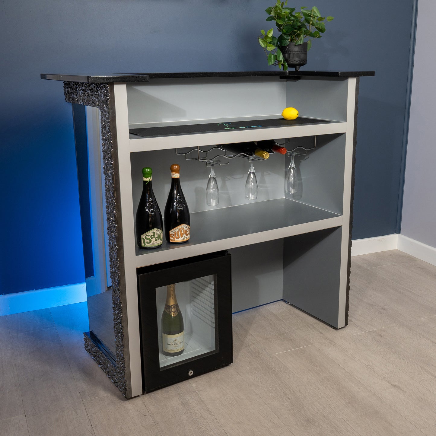 Vesuvio - Wrap around Grey Frame and Mirror with Black Sparkle Quartz Worktop Home Bar