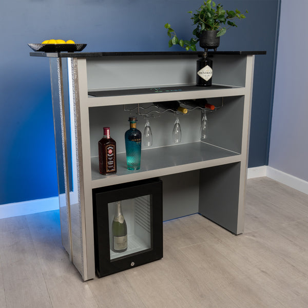 Striscia - Silver Mosaic Patterned Frame and Mirror with Black Mirror Quartz Worktop Home Bar