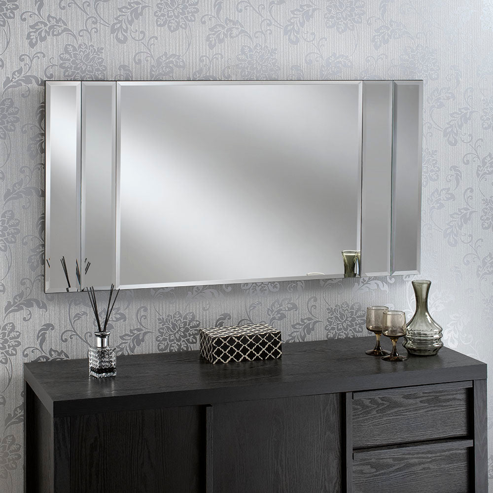 All glass Floating style mirror with silver bevelled strips wall mirror