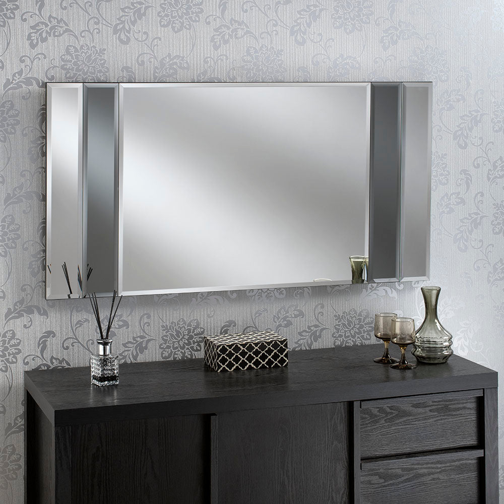 All glass Floating style mirror with grey bevelled strips wall mirror